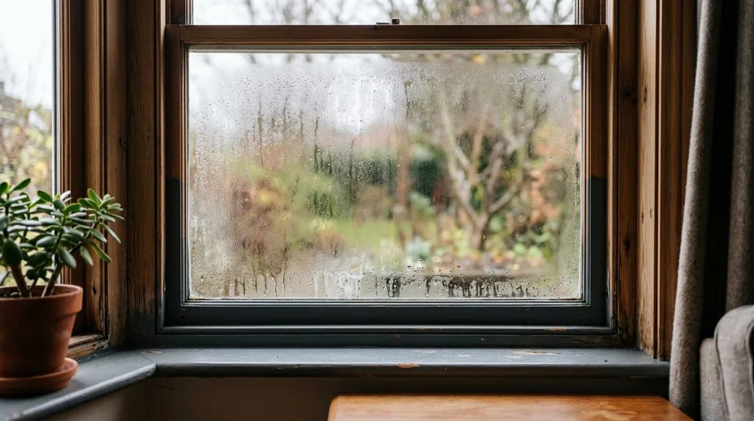 Beschlagene Fensterscheibe mit Kondenswasser am unteren Rahmen in einem Wohnraum
