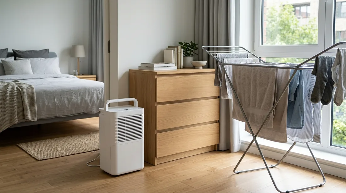 Schlafzimmer mit einem Luftentfeuchter neben der Kommode und einem Wäscheständer am Fenster